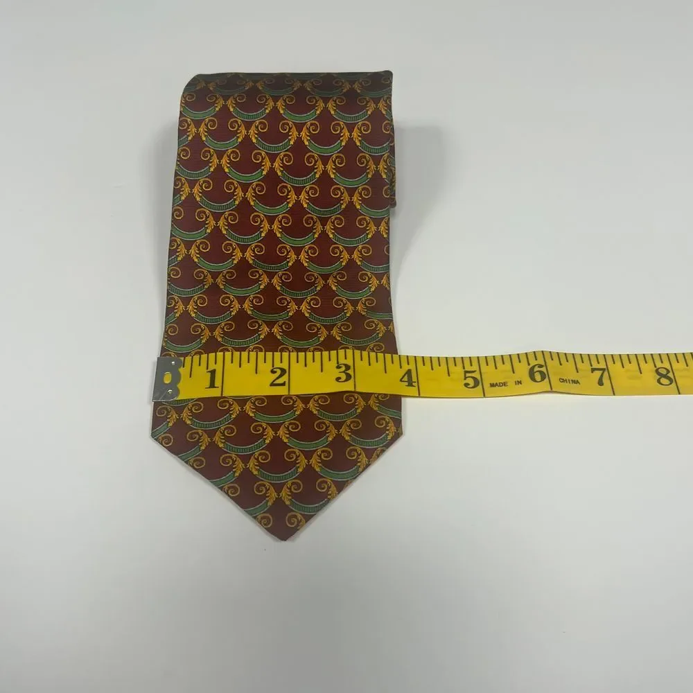 Aquascutum of London Silk Tie Burgundy Green Gold Scroll Pattern Classic Necktie